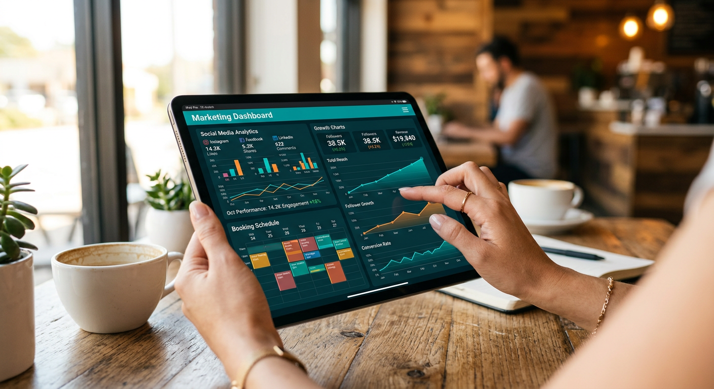 Marketing dashboard showing social media, bookings, and growth tools