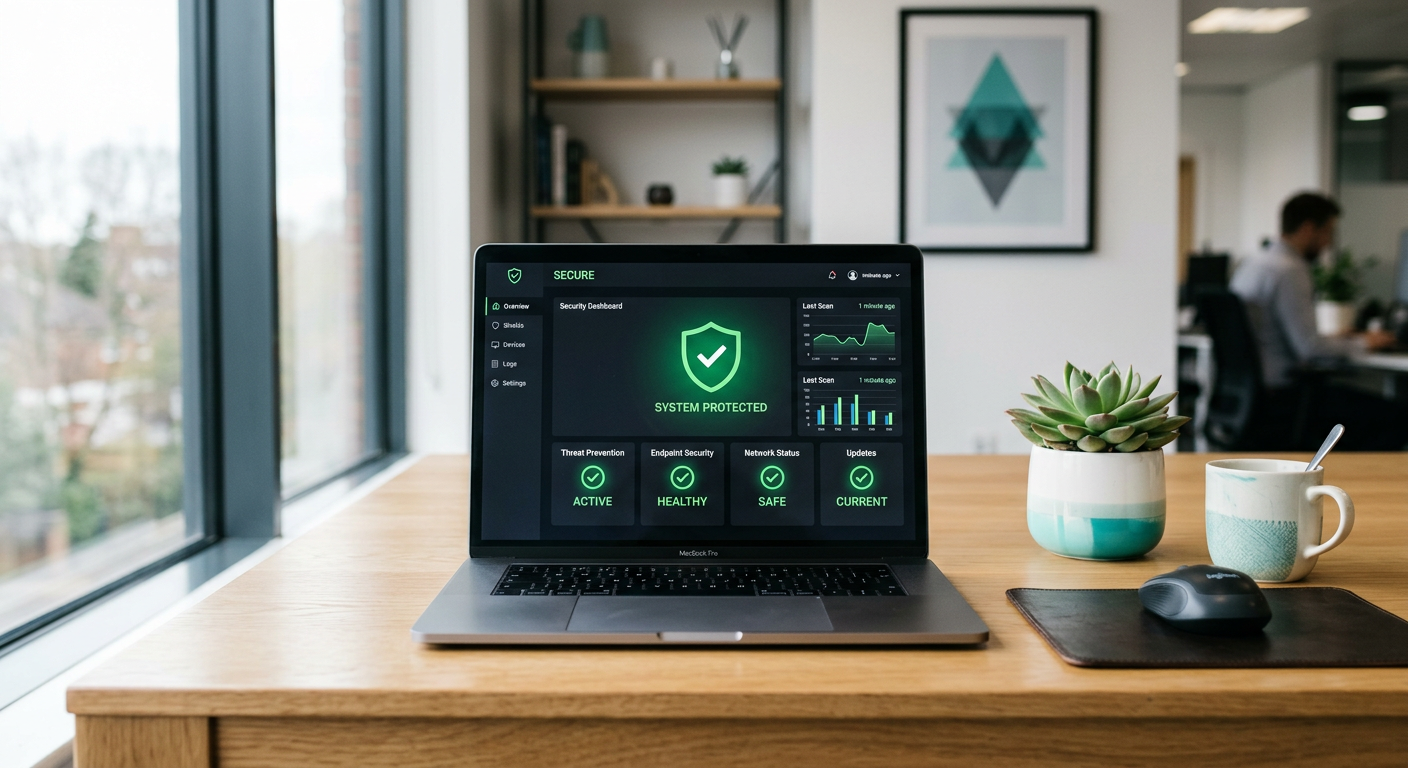 Security dashboard showing protected devices and backup status