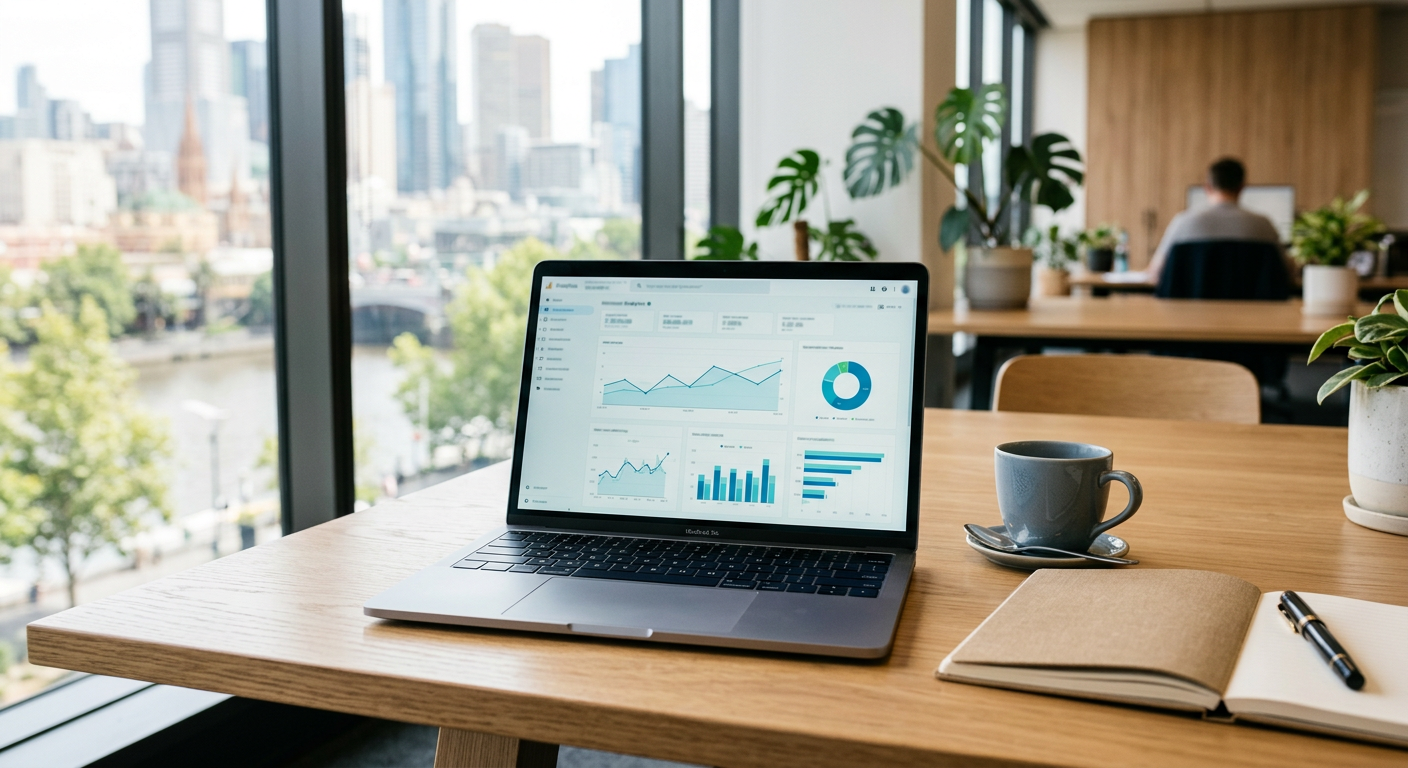 Laptop on a desk showing a website analytics dashboard