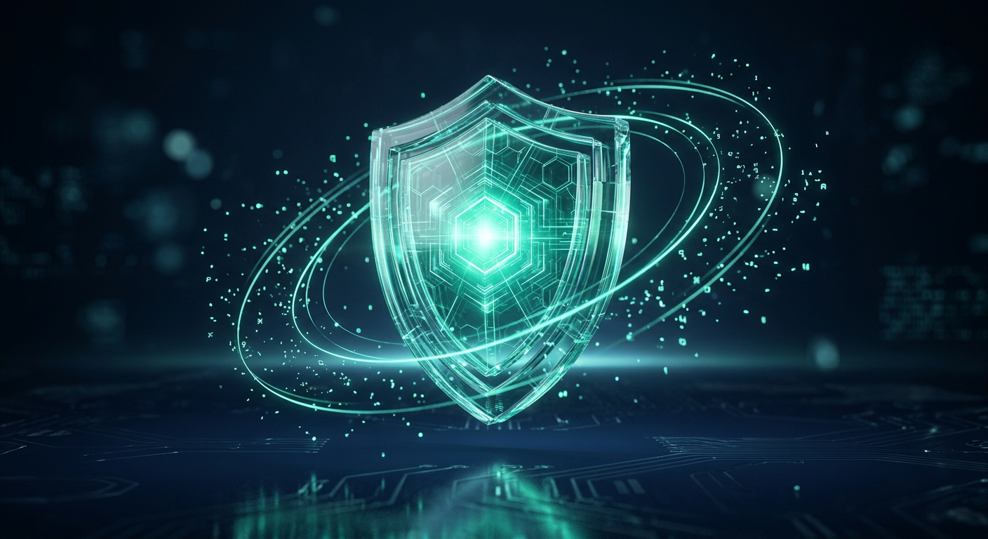 Glowing glass shield representing cyber protection