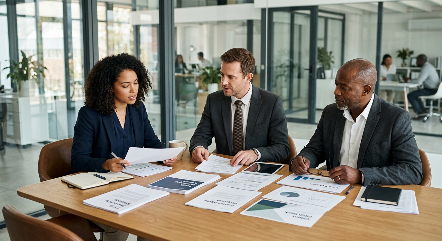 Team reviewing multiple proposals on a table